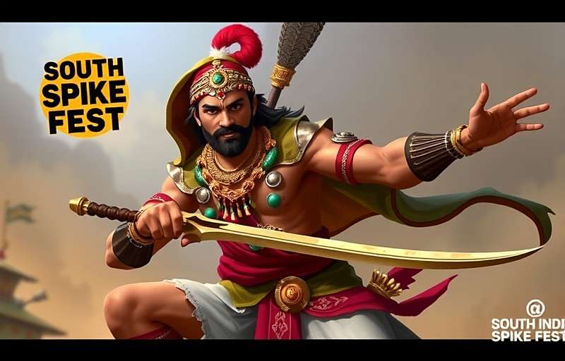 South Indian Spike Fest upcoming character reveal showing a warrior with traditional South Indian weapons and attire with South Indian Spike Fest watermark