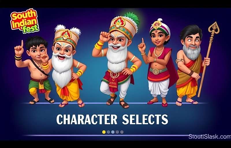 South Indian Spike Fest character selection screen featuring various characters in traditional South Indian costumes with South Indian Spike Fest watermark