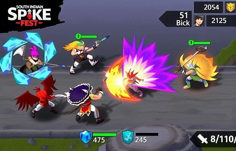 South Indian Spike Fest gameplay showing a team of characters executing a coordinated attack with special abilities activated with South Indian Spike Fest watermark