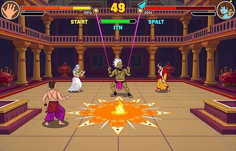 South Indian Spike Fest gameplay showing characters in traditional South Indian attire battling in a temple setting with South Indian Spike Fest watermark